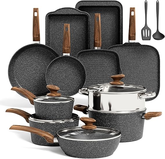 Kitchen Academy 17pcs Induction Hob Pan Set, Black Granite Cookware Sets