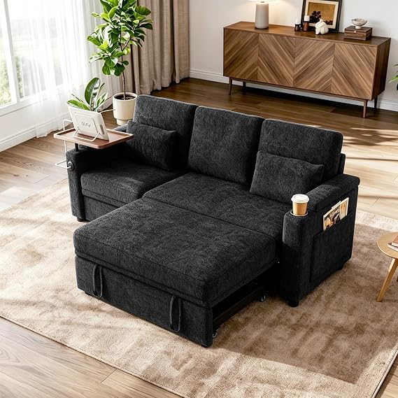 Sleeper Sectional Sofa, 83" Convertible Sofa Bed with Pull Out Couches, Adjustable Backrest and Seating, L Shaped Couch with Small Desktop, Modern Chenille Sofas for Living Room Apartment, Black