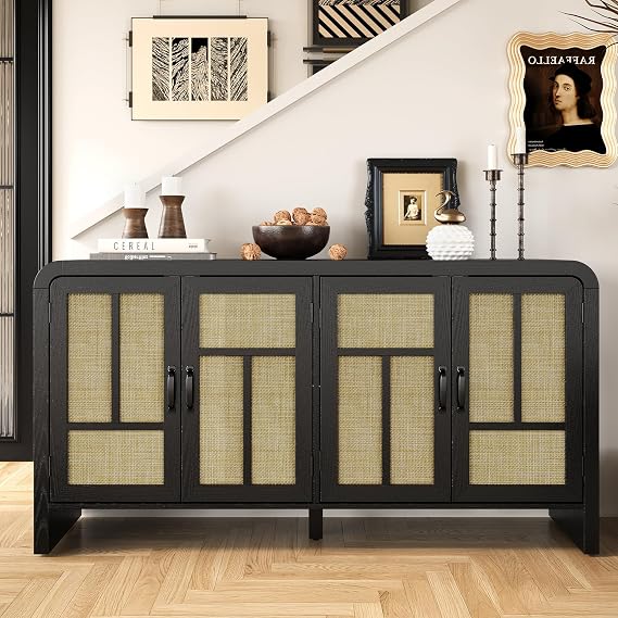 RoyalCraft Buffet Cabinet with Storage Sideboard Accent Farmhouse Credenza with 4 Doors & Shelves Rattan 59" Media Console Boho Coffee Bar Table for Living Room Kitchen Dining Room Hallway