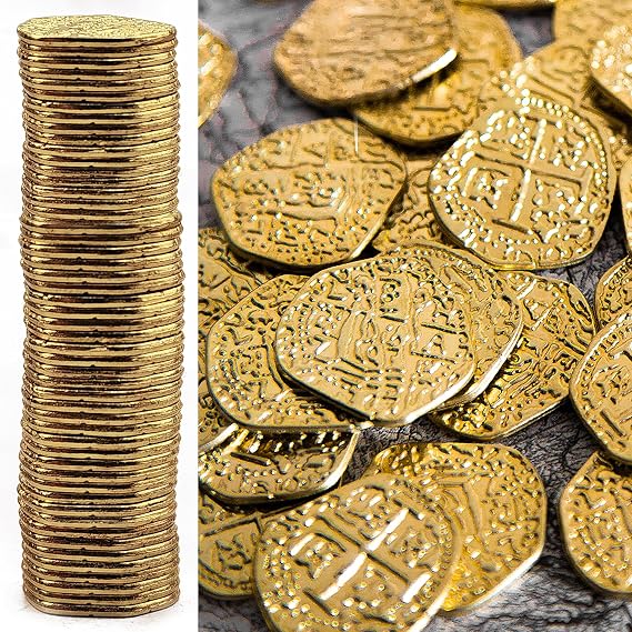 Beverly Oaks Metal Pirate Coins - Gold Spanish Doubloon Replicas - Fantasy Metal Coin Pirate Treasure (50-Coins-All Gold)