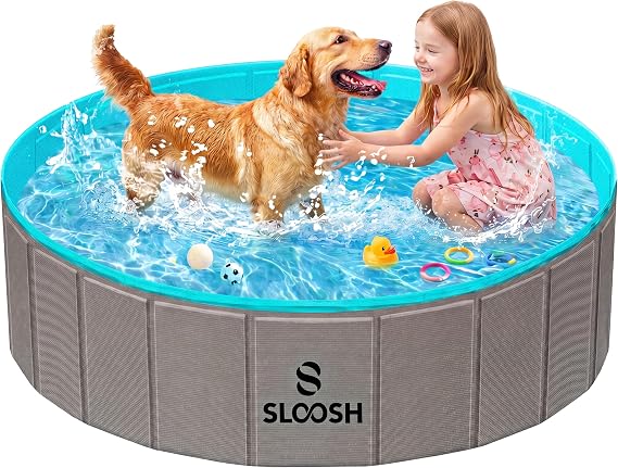 SLOOSH Foldable Dog Kiddie Pool - Portable Hard Plastic Doggie Swimming Pool, Anti-Slip Collapsible Pets Bath Tub Suitable for Kids Indoor Outdoor Backyard Use (Grey, 48" x 12")