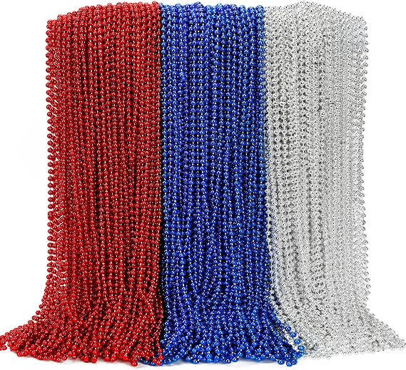 100PCS 4th of July Accessories, 250th Anniversary Patriotic Beads Necklace Bulk, Fourth of July Red Blue Silver Necklace Party Favors, Beads for Veterans Day Parade Party Celebration Favors Decor