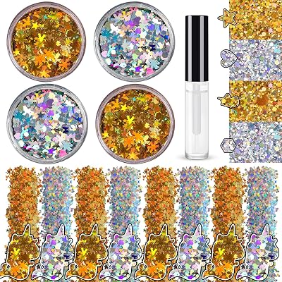 Silver and Gold Holographic Chunky Glitter Cosmetic Body Hair Face Eye Nail for Festival Carnival Concert Party Beauty Rave Accessories Different Shapes 4 Pots 32g1.12oz Quick Dry Primer Glue Gel