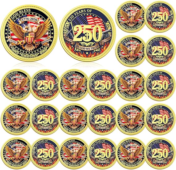 20 Pcs 250th Anniversary Coins Bulk, 4th of July Challenge Coins God Blessings 1776-2026 US Commemorative Challenge Coin with Bald Eagle Veterans Gift for Patriotic Independence Day