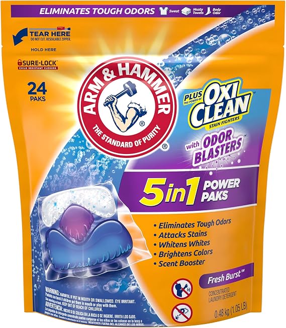 Arm & Hammer Plus Oxiclean with Odor Blasters, 5-in-1 Power Paks, 24 Count