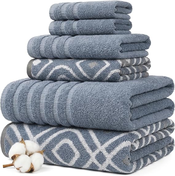 Modern Threads 6 Piece Bath Towel Set Bathroom Set with 2 Bath Towels, 2 Hand Towels, and 2 Wash Cloths 100% Cotton, Super Absorbent & Extra Soft Reversible Classic Diamond (Blue)