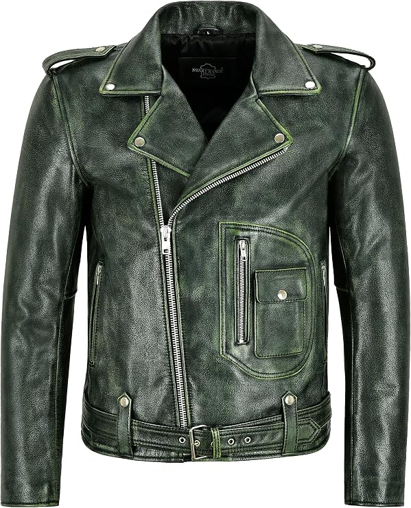 Men's Biker Leather Jacket Green Vintage Brando Style Thick Cowhide Riding Jacket Aster