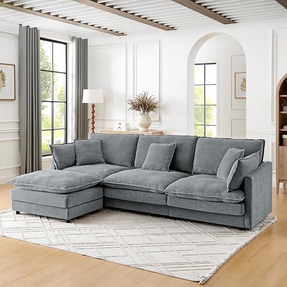110" L-Shaped Sectional Sofa with Ottoman, Convertible Modular 4-Seater Cloud Couch with Pillows, Towel Fabric Upholstered Deep Seat Comfy Corner Sofa for Living Room Apartment, Pearl Grey