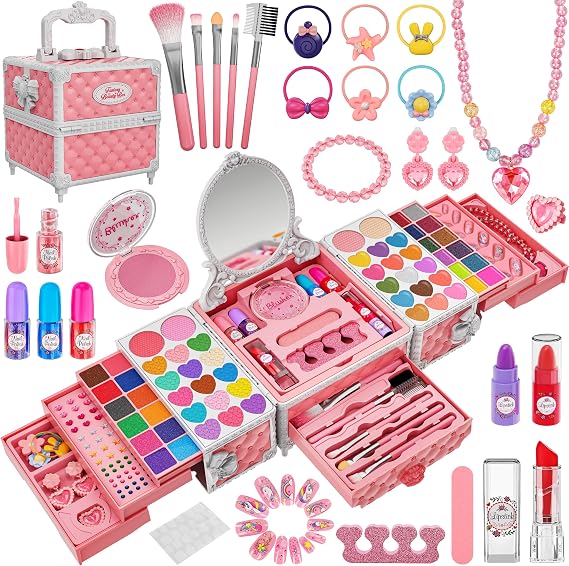 99 Pcs Kids Makeup Kit for Girls, Princess Toys Real Washable Cosmetics Set | Mirror,Rings, Necklace, Perfect for 3 4 5 6 7 8 Year Old Girls Birthday