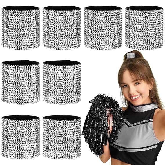 9 Pcs Cheer Rhinestone Ponytail Cuff,Dance Competition Accessory, Silver