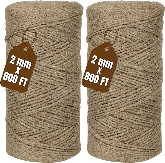 Jute Twine 2mm 1600 Feet Natural Jute Twine String for Crafting, Gardening, Gift Wrapping, Macrame, DIY Decor (Brown, 2Rolls, 800Feet/Roll)