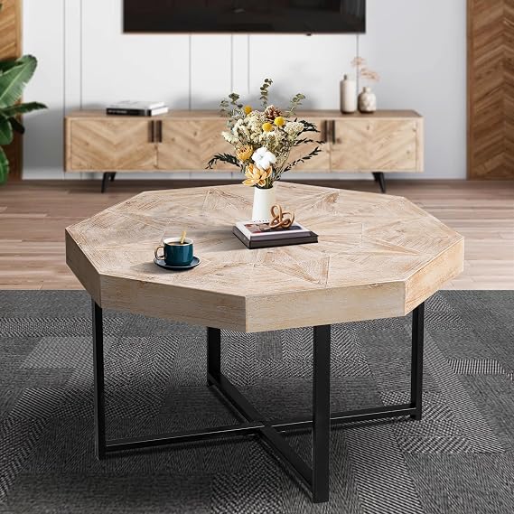 30" Vintage Octagonal Vintage Coffee Table with Metal Legs, Mid-Century Retro Patchwork Craft Modern MDF Accent Table, Ideal for Living Room, Office, and Farmhouse Decor (Antique White)