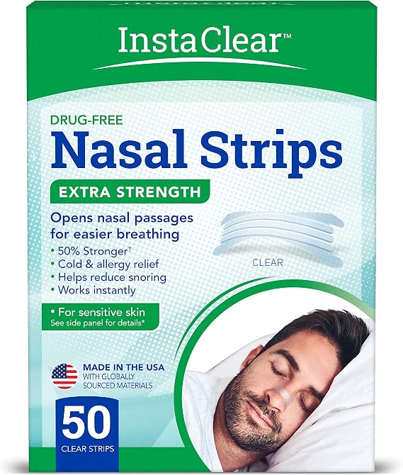 Instaclear Extra-Strength Nasal Breathing Strips Clear 50 ct | Works Instantly, Nasal Congestion Relief, Stops Snoring, Cold & Allergy | Instantly opens nasal passages to relieve congestion from colds and allergies, reduce snoring, and improve sleep.