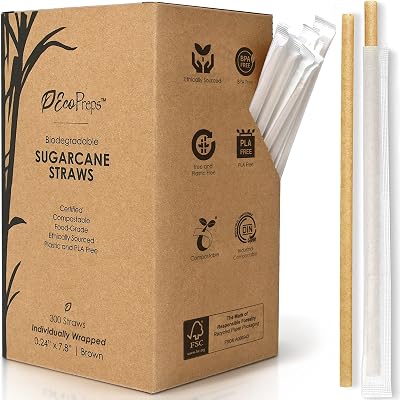 Biodegradable Sugarcane Straws, Plastic-Free Individually Wrapped Straws | 300 Count, 100% Compostable, Eco-Friendly Drinking Straw | 7.8 Sugar Fiber Disposable Straw, Packed in Paper Wrap