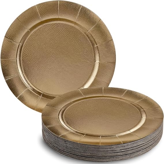 SILVER SPOONS Elegant Disposable Charger Plates For Party - (10 Piece) Heavy Duty Disposable Dinner Set 13, Fine Dining Charger Dishes For Elegant China Look, Great for Celebrations & Events, Gold