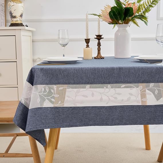 Polyester Fabric Tablecloth with Exquisite Embroidery Sheer Border-Waterproof/Wrinkle Resistant-for Dining,Indoor&Outdoor,Wedding,Holiday,Denim Blue,Rectangle 60x120Inch