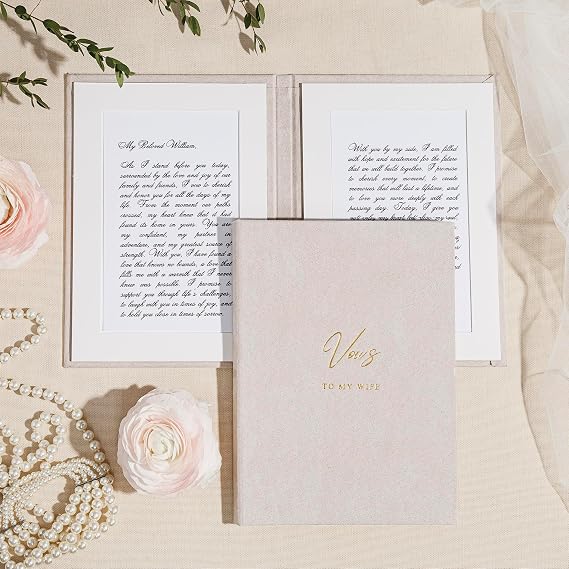Premium Velvet Hardcover Wedding Vow Books Set of 2 (5.9 x 8.3) with Display Frame - Insert & Frame Your Written Vows - Gold Foil Lettering - To My Wife & To My Husband - Includes Keepsake Box
