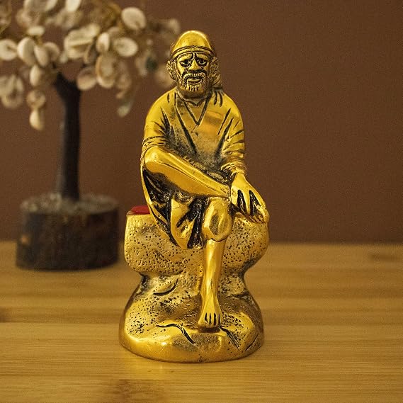 Spillbox Oxidised Gold Finished Sai Baba Murti Brass God Idol Statue Idol Statue Showpiece for Home Office Figurine Religious Pooja Gift Living Room Decoration Home Decor
