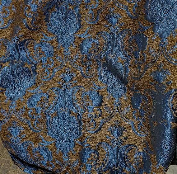 Chenille Baroque Upholstery, Damask Tapestry Chenille Fabric - Upholstery Fabric, Blue/Rush Brown 58" Width - Sold by The Yard.