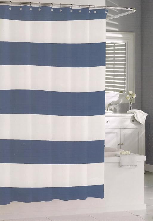 Kassatex 100% Cotton Shower Curtain Wide Stripes Fabric Shower Curtain Turquoise Grey (Blue)