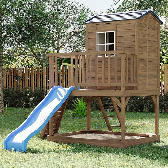 Kids Outdoor 2-Story Cedar Playhouse with Slide, Sandbox & Step Ladder