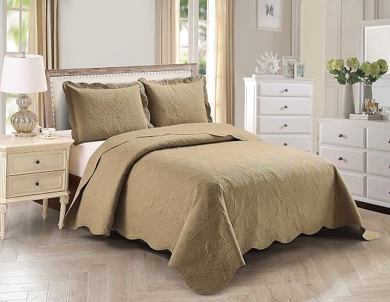 Home Collection 3pc King/Cal King Over Size Elegant Embossed Bedspread Set Light Weight Solid Taupe New# Stacy