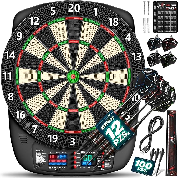 RE:SPORT® Professional Electronic Dartboard with 12 Darts + 24 Pro Flights + 100 Dart Tips and Accessories | Electronic Dart Machine for 1-8 Players with 427 Variants | Electric Dartboard with