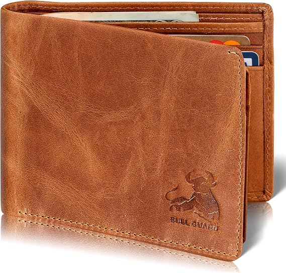 RFID Bifold Leather Wallet for Men with Flip Up ID in Vintage Buffalo Brown, Adventure Brown - Wild Buck Tan, 3.5 x 4.5, Modern