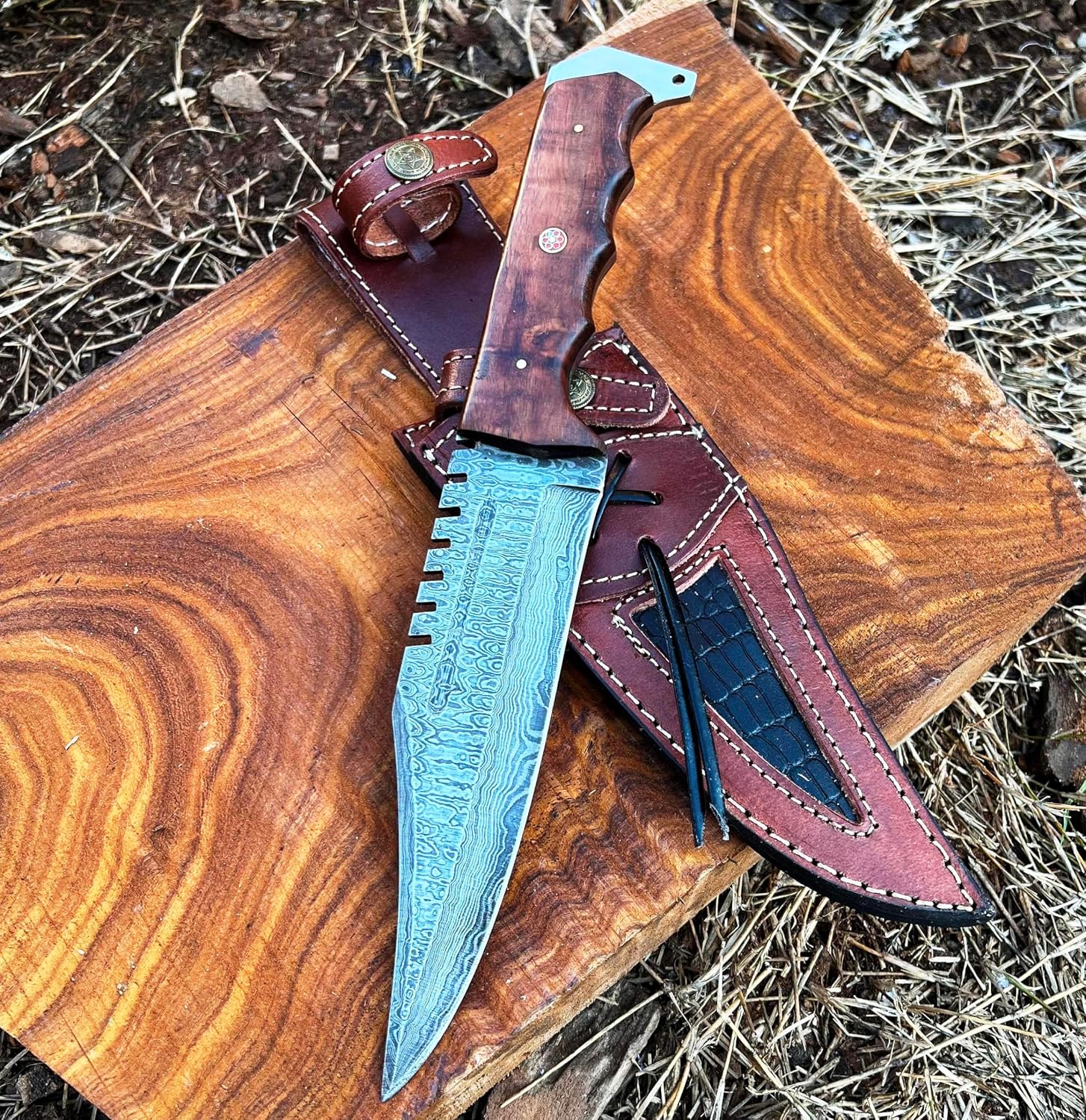 Handmade Damascus Bowie Knife For Hunting Skinning Outdoor Damascus Steel Survival Hunting Knife With Horizontal Carry Sheath 12 INCH Fixed Blade Damascus Hunting Belt Knife for Camping, Bushcraft Ergonomic Rose wood Handle | Cool Knives For Men Tactical Rose Wood