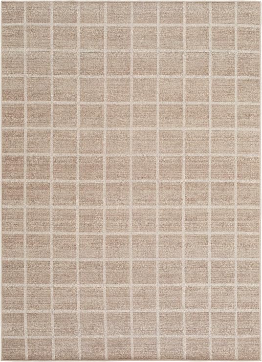 BoutiqueRugs Washable Beige Checkered 2x4 Accent Rug Contemporary Wool Hand Woven Tan Cream Anicet Entryway Bedside Nursery Mudroom Bathroom Powder Room 27" x 45" Easy Clean Stain Resistant
