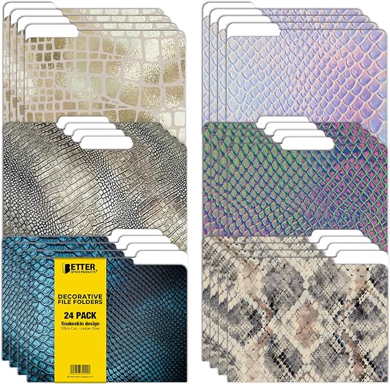 Better Office Products 装飾用ファイルフォルダー 24枚パック 8デザイン 厚手 レターサイズ 9.5インチ x 11.5インチ 1/3カットタブ付き スネークスキンデザイン ファッションフォルダー