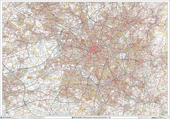 Manchester - M - Postcode Wall Map - 47" x 33.25" Laminated