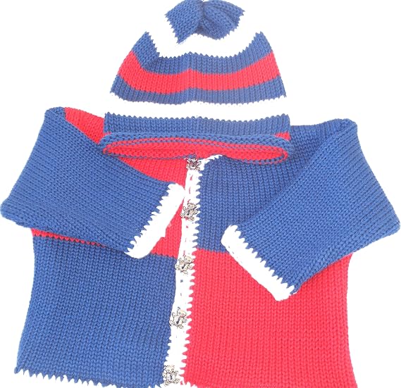 Knitted Crochet Finished Red Navy Blocked Cotton White Trim Cardigan Hat Set