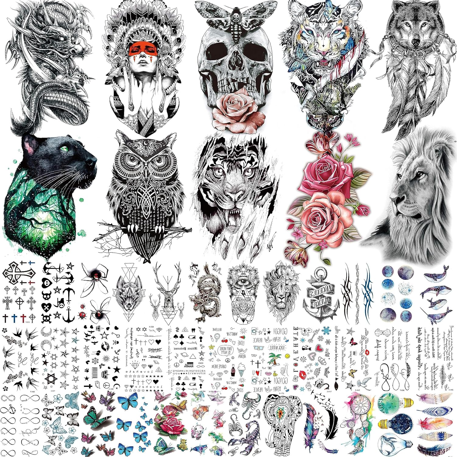 COKTAK 46 Sheets Large Dragon Lion Temporary Tattoo For Men Adults, Realistic Tiger Wolf Owl Flower Fake Tattoos For Women Thigh Arm Face, 3D Kids Small Finger Butterfly Tattoos Temporary Sticker Set