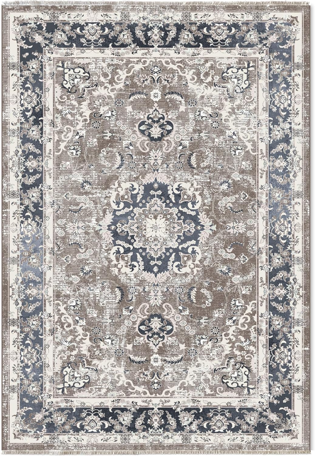 Anti-alerjik yıkanabilir kaymaz şönil halı kilim kendinden saçaklı eskitme, modern desen oturma odası, salon, çocuk odası, mutfak, koridor halısı, yolluk Gri-Bej, 160 x 230 cm